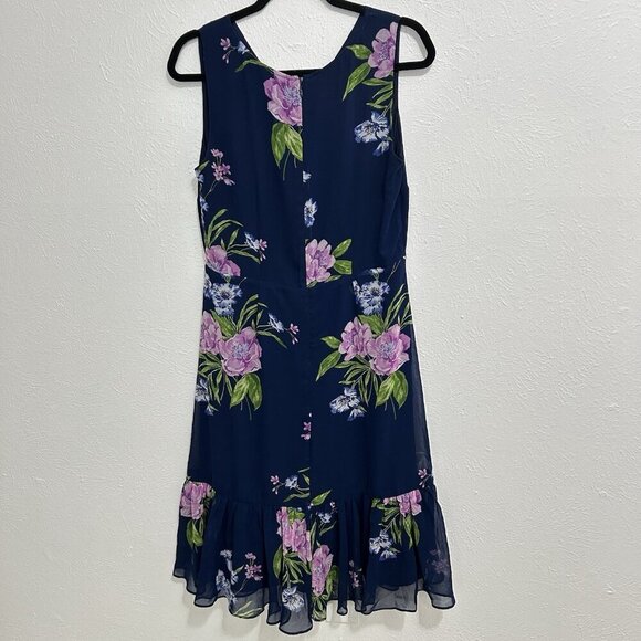 TALBOTS  GEORGETTE PAINTERLY SLEEVELESS NAVY BLUE FLORAL WRAP DRESS RUFFLE 10P - Picture 5 of 12